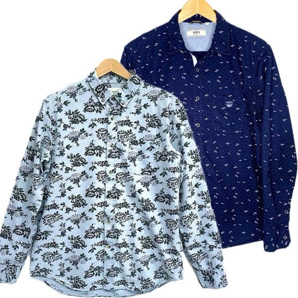 Long Sleeve Button Down Shirt Bundle Mens Size M Blue Floral & Feather Print - Picture 1 of 12